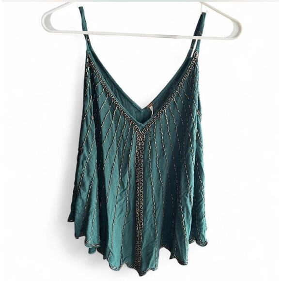 Free People Emerald Green Women’s Beaded V-neck Tank Top Size S Boho Glam - Picture 2 of 6